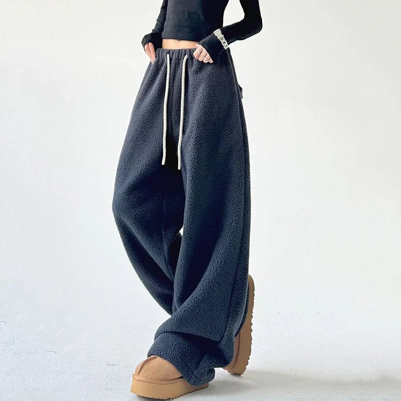 Women's Wide Leg Sherpa Fleece Lounge Pants with Drawstring - Black, Brown, Green Polyester — Image 3