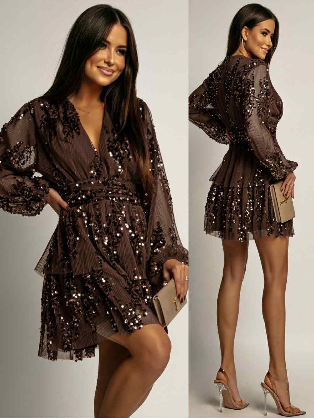 Sequin Tiered Mini Dress, Brown Long Sleeve V-Neck Polyester — Image 2