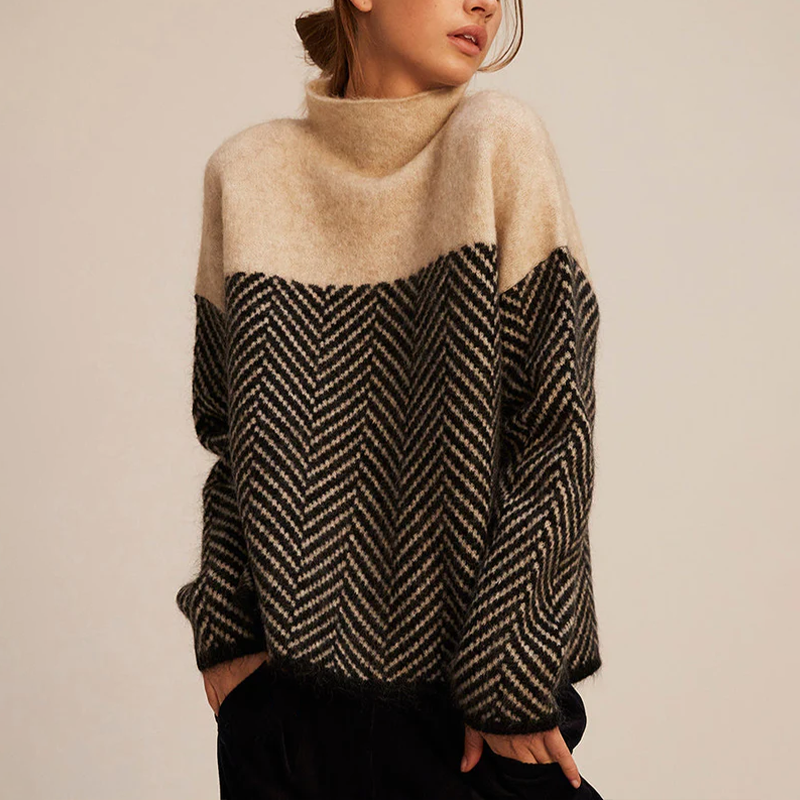 Women's Herringbone Knit Sweater Wool Blend Turtleneck Beige Black Cozy Winter Fashion — Main Image