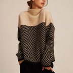 Women's Herringbone Knit Sweater Wool Blend Turtleneck Beige Black Cozy Winter Fashion — Main Image
