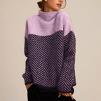 Women's Herringbone Knit Sweater Wool Blend Turtleneck Beige Black Cozy Winter Fashion — Image 3
