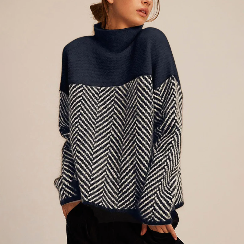 Women's Herringbone Knit Sweater Wool Blend Turtleneck Beige Black Cozy Winter Fashion — Image 2