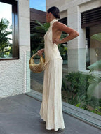 Halter Neck Wide Leg Jumpsuit Ivory Pleated Women's Formal Outfit — Image 2