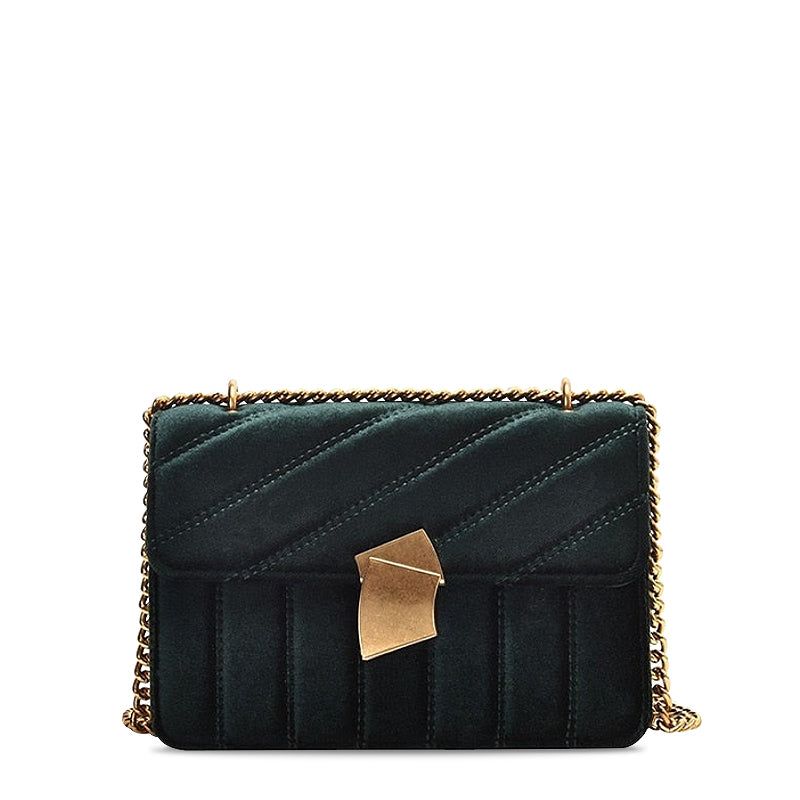 Quilted Velvet Chain Shoulder Bag with Gold Hardware. Crossbody Handbag for Women. — Main Image
