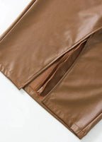 Draped Faux Leather Midi Skirt with Slit, Black, Beige, Brown. Elegant Women's Pencil Skirt. — Image 19