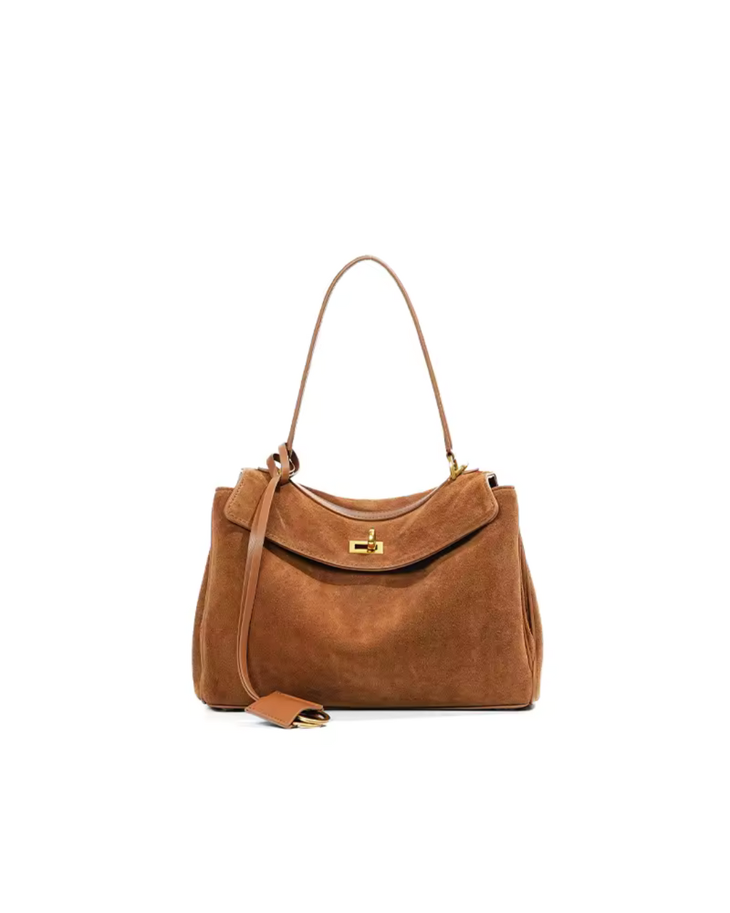 Suede Leather Top Handle Bag Brown - Women's Elegant Shoulder Bag — Image 7