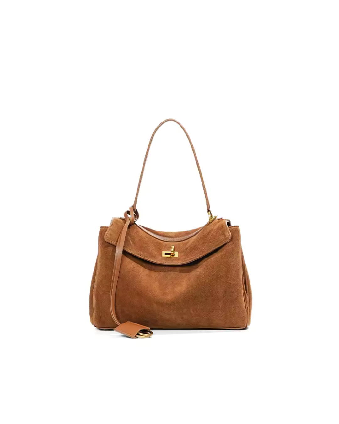 Suede Leather Top Handle Bag Brown - Women's Elegant Shoulder Bag — Image 7