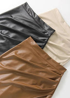 Draped Faux Leather Midi Skirt with Slit, Black, Beige, Brown. Elegant Women's Pencil Skirt. — Image 22