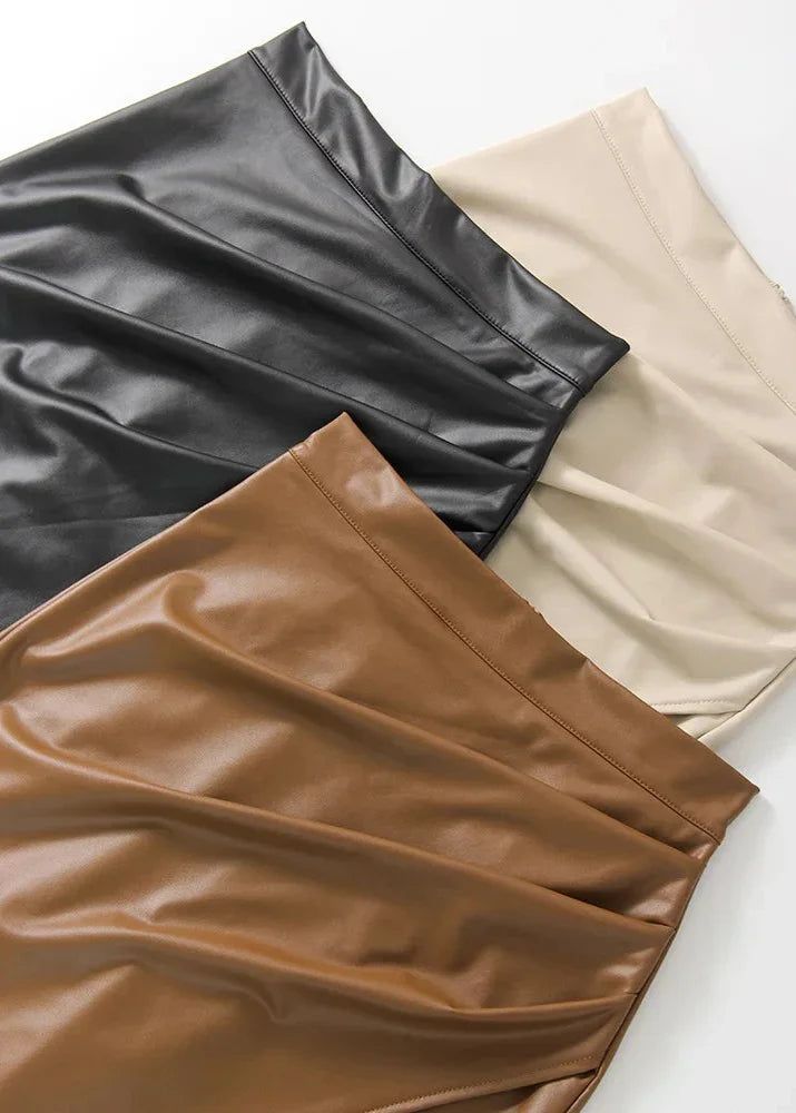 Draped Faux Leather Midi Skirt with Slit, Black, Beige, Brown. Elegant Women's Pencil Skirt. — Image 22
