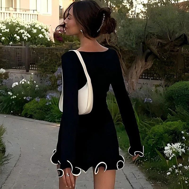 Ruffle Hem Mini Dress Long Sleeve Contrast Trim Party Casual — Image 3