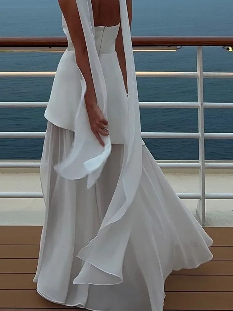 Strapless White Maxi Dress with High Slit and Chiffon Scarf — Image 3