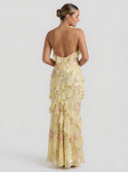 Floral Ruffle Maxi Dress - Pink/Yellow Chiffon Gown with Spaghetti Straps and Tiered Ruffles — Image 5