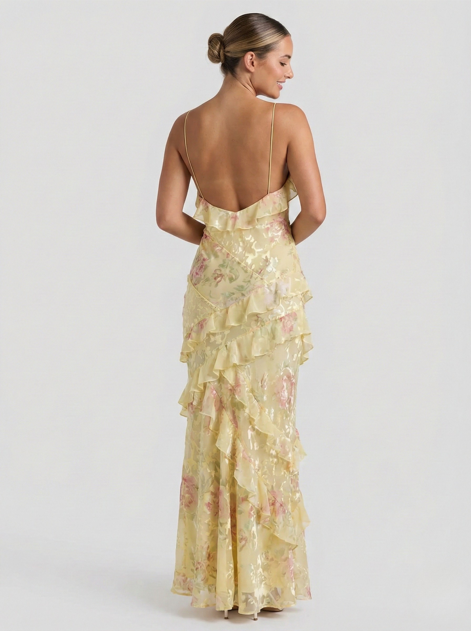 Floral Ruffle Maxi Dress - Pink/Yellow Chiffon Gown with Spaghetti Straps and Tiered Ruffles — Image 5