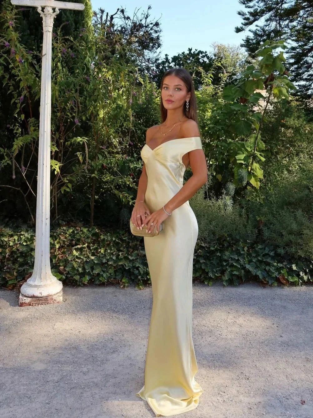 Satin Maxi Dress Off-Shoulder Yellow Evening Gown — Main Image