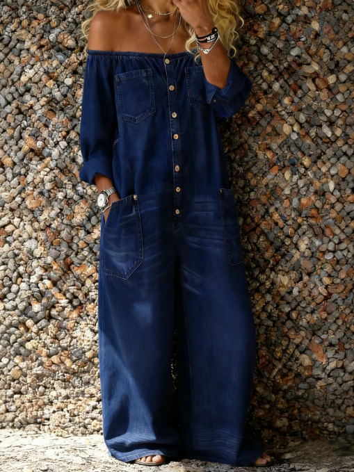 Women's Off-Shoulder Denim Jumpsuit Relaxed Fit Button-Down Long Sleeves Casual Romper with Pockets — Image 3
