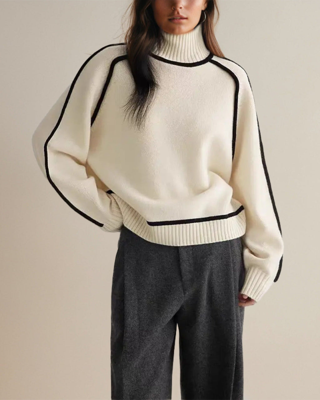 Women's Turtleneck Sweater Soft Knit Contrast Trim Beige Brown Gray — Image 4