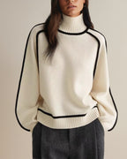 Women's Turtleneck Sweater Soft Knit Contrast Trim Beige Brown Gray — Main Image