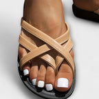 Women's Slip-On Sandals Cross Strap Lightweight Casual Flats Black Beige Silver — Image 11