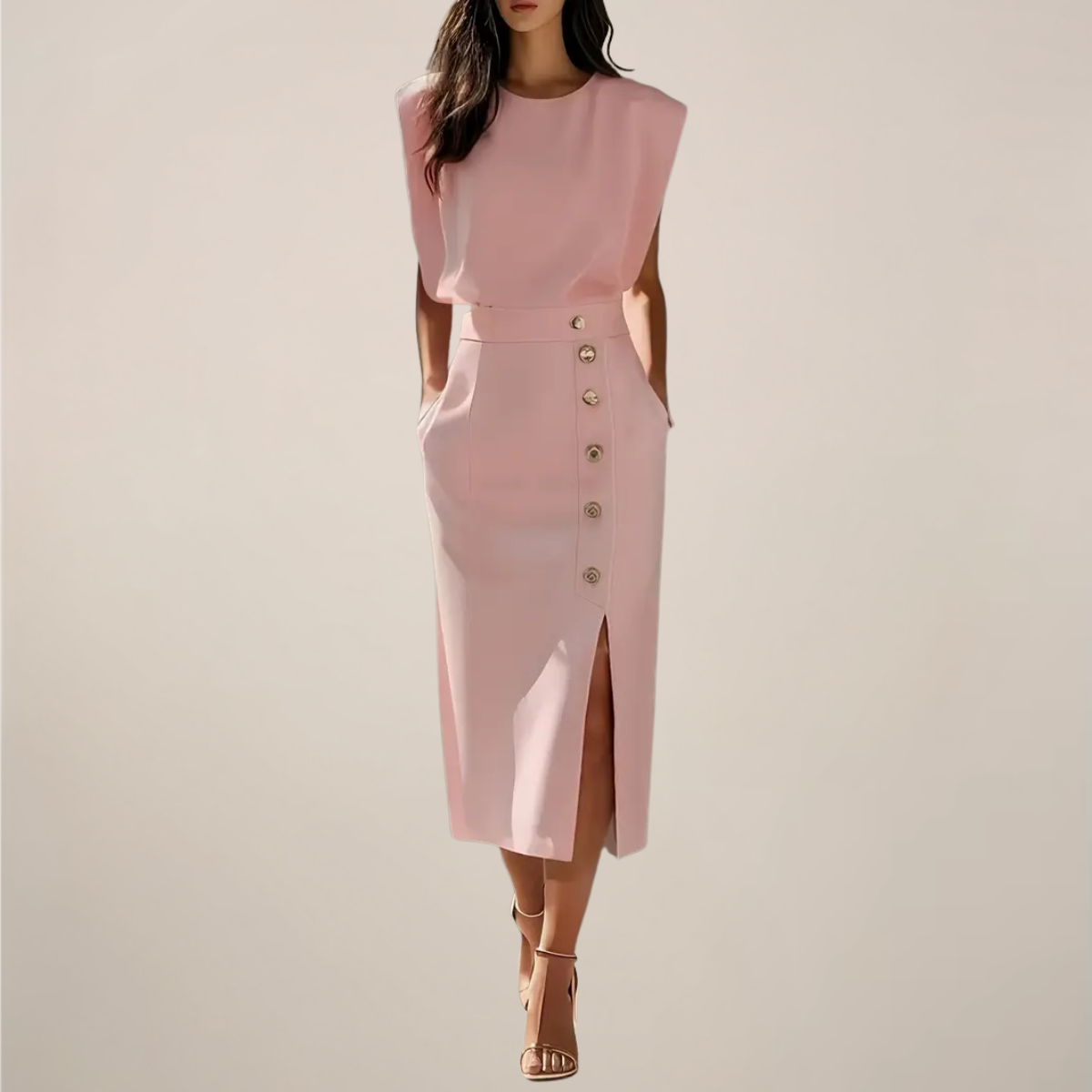 Button Slit Midi Dress with Shoulder Pads: Elegant Dress for Women - Various Colors — Image 4