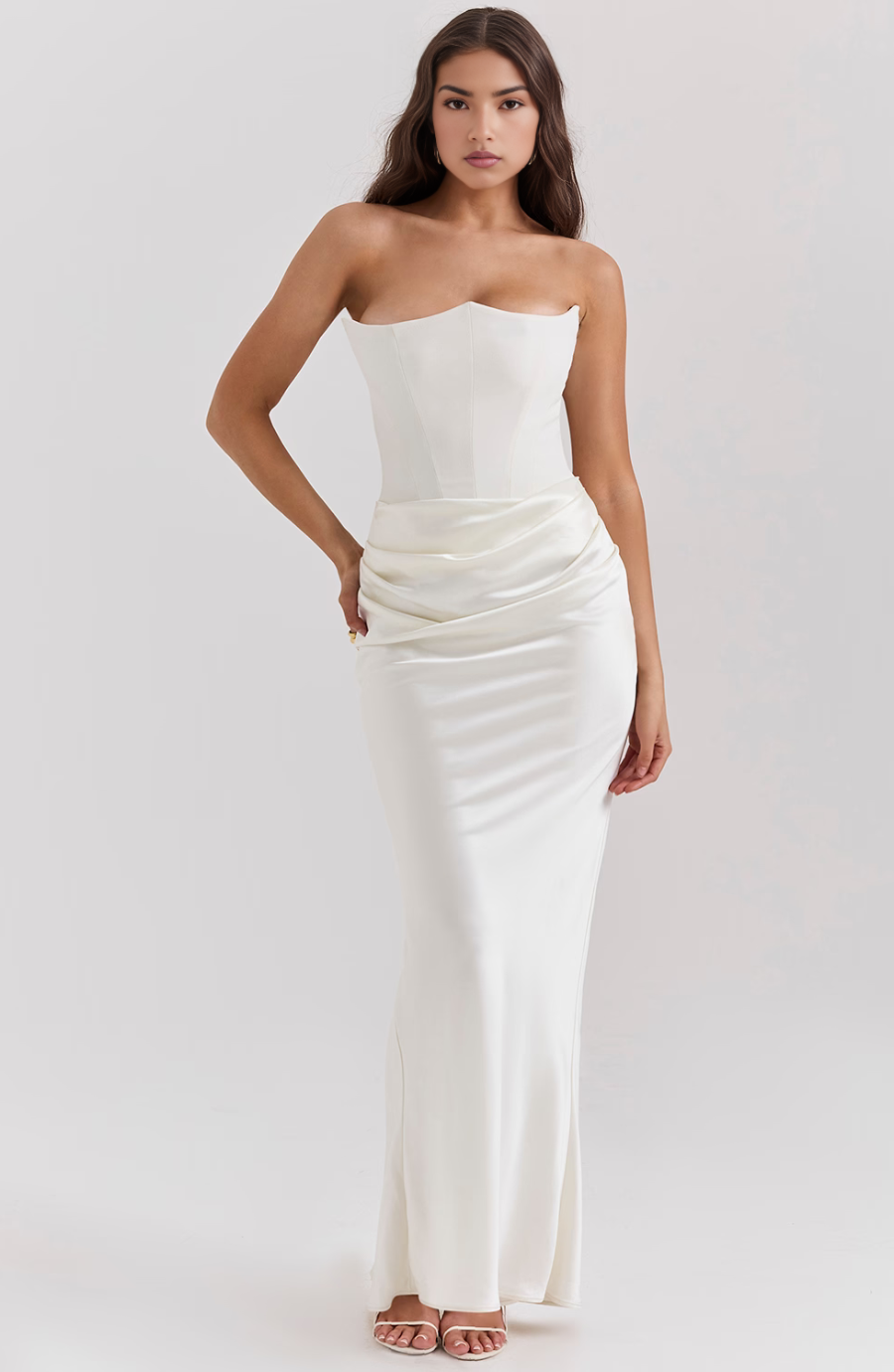 Strapless Corset Maxi Dress Satin Formal Evening Gown - Black, White, Pink, Taupe — Image 8
