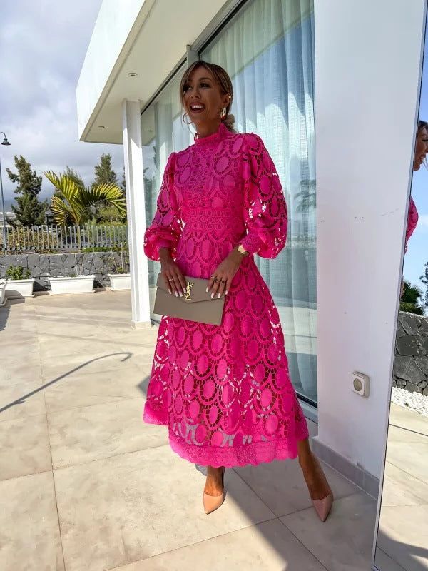 Lace Midi Dress, Long Sleeve, High Neck, A-Line, Pink/Black/White. Elegant Cocktail Party Dress for Women. — Image 4