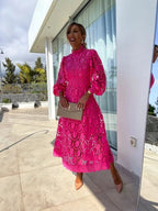 Lace Midi Dress, Long Sleeve, High Neck, A-Line, Pink/Black/White. Elegant Cocktail Party Dress for Women. — Image 4