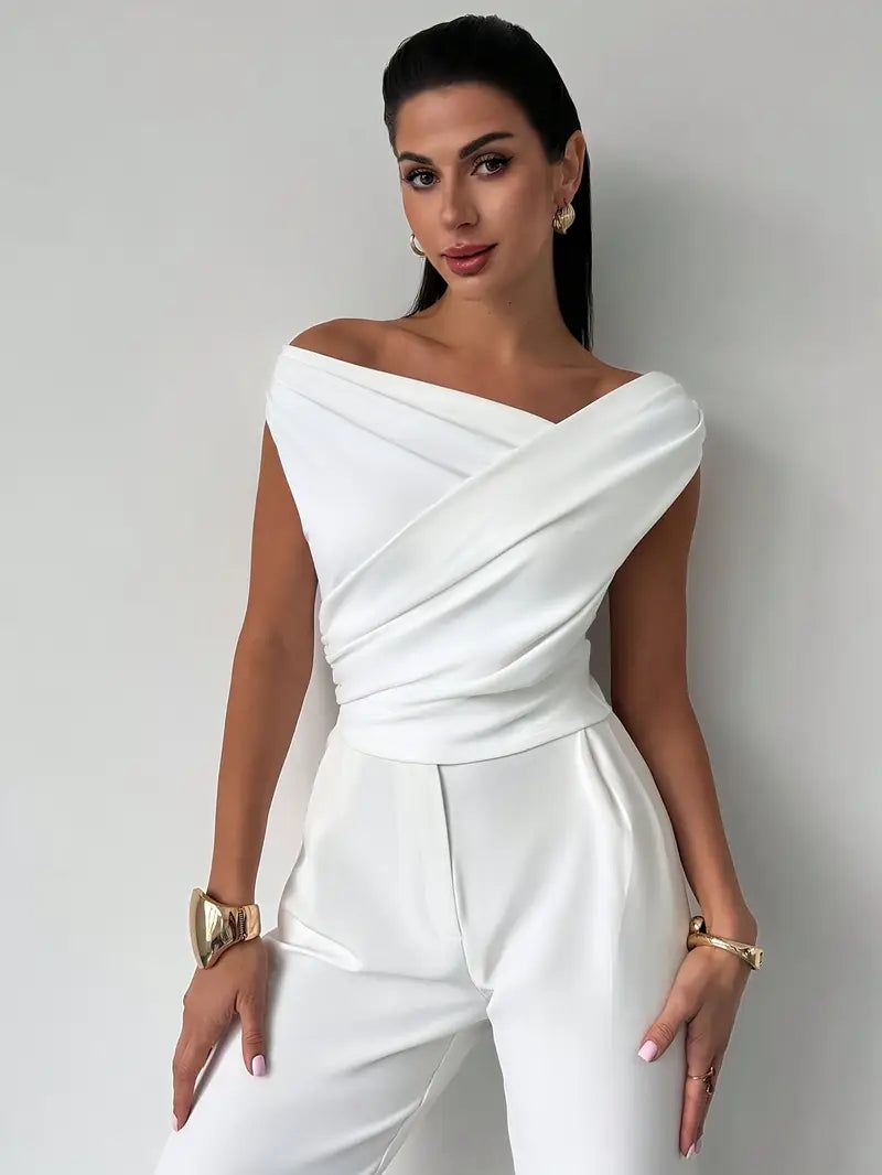 Elegant Off-Shoulder Wrap Top - White Polyester Blouse — Image 5
