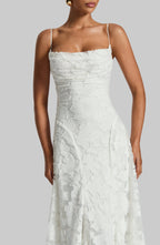 Floral Lace Maxi Dress with Lace-Up Back, Spaghetti Straps, Fitted Bodice. Available in Burgundy, White, and Pink. — Image 7