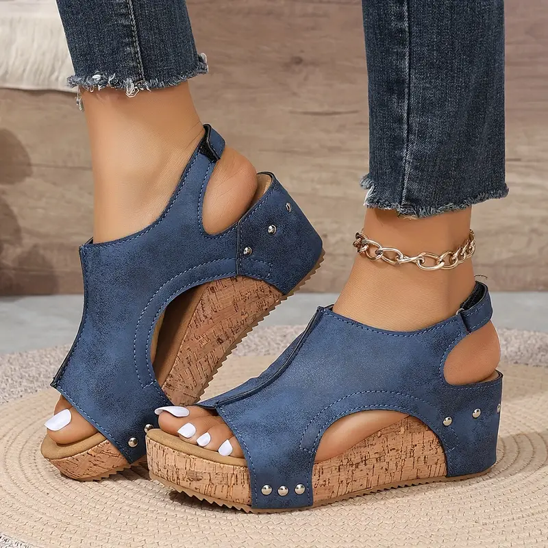 Women's Wedge Sandals with Cork Sole in Brown, Black, Beige, Blue - Stylish and Comfortable — Image 7