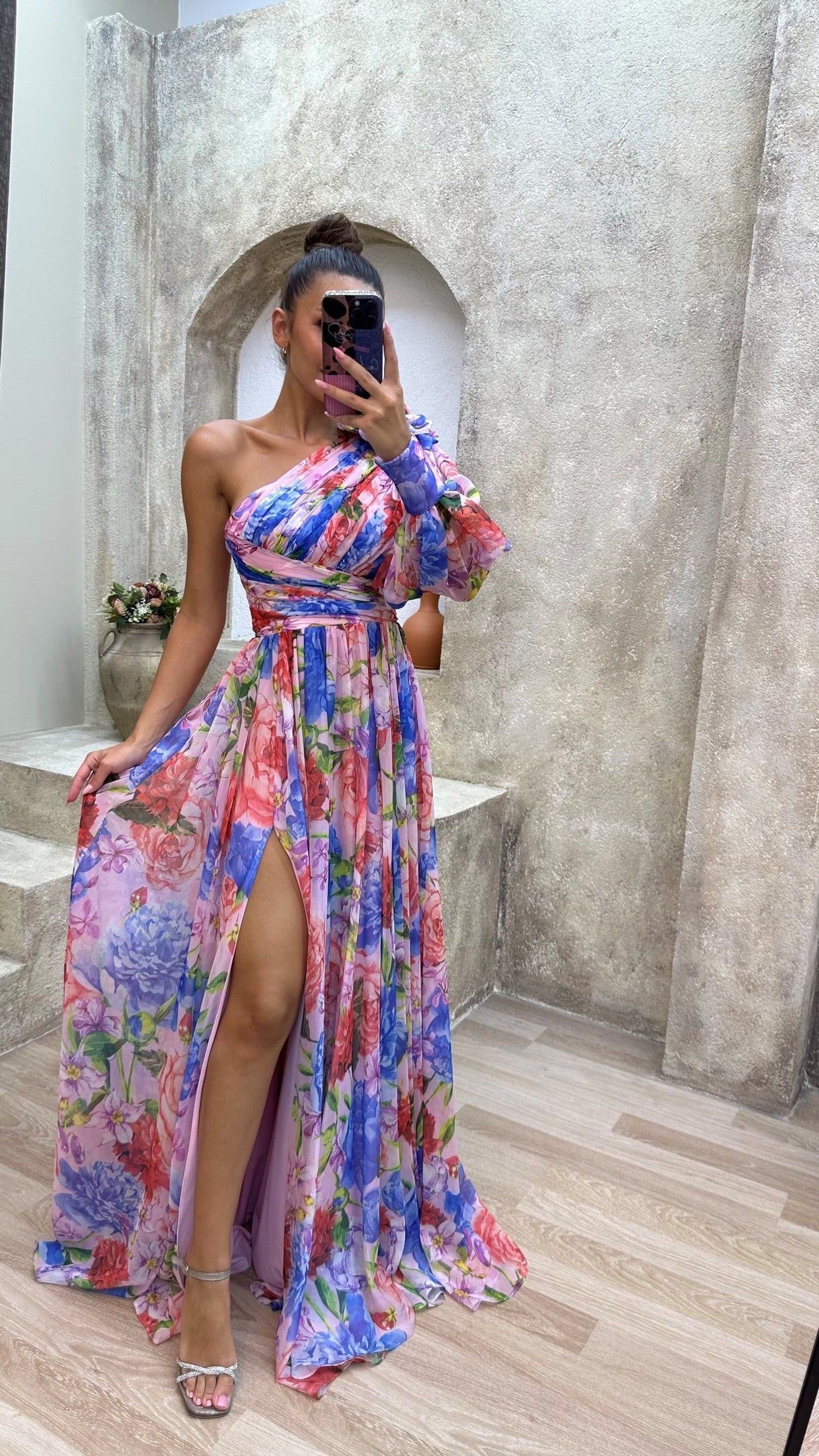 Floral One-Shoulder Maxi Dress with Slit - Women's Evening Gown Multicolor Chiffon — Image 3