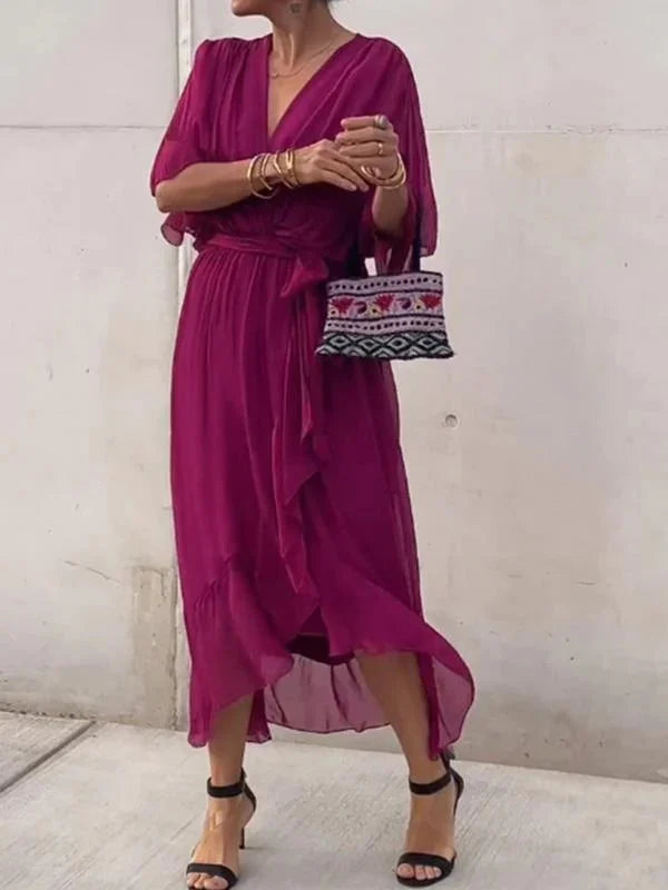 Elegant V-Neck Chiffon Midi Dress in multiple colors, flowy design, sizes S-XL — Image 8