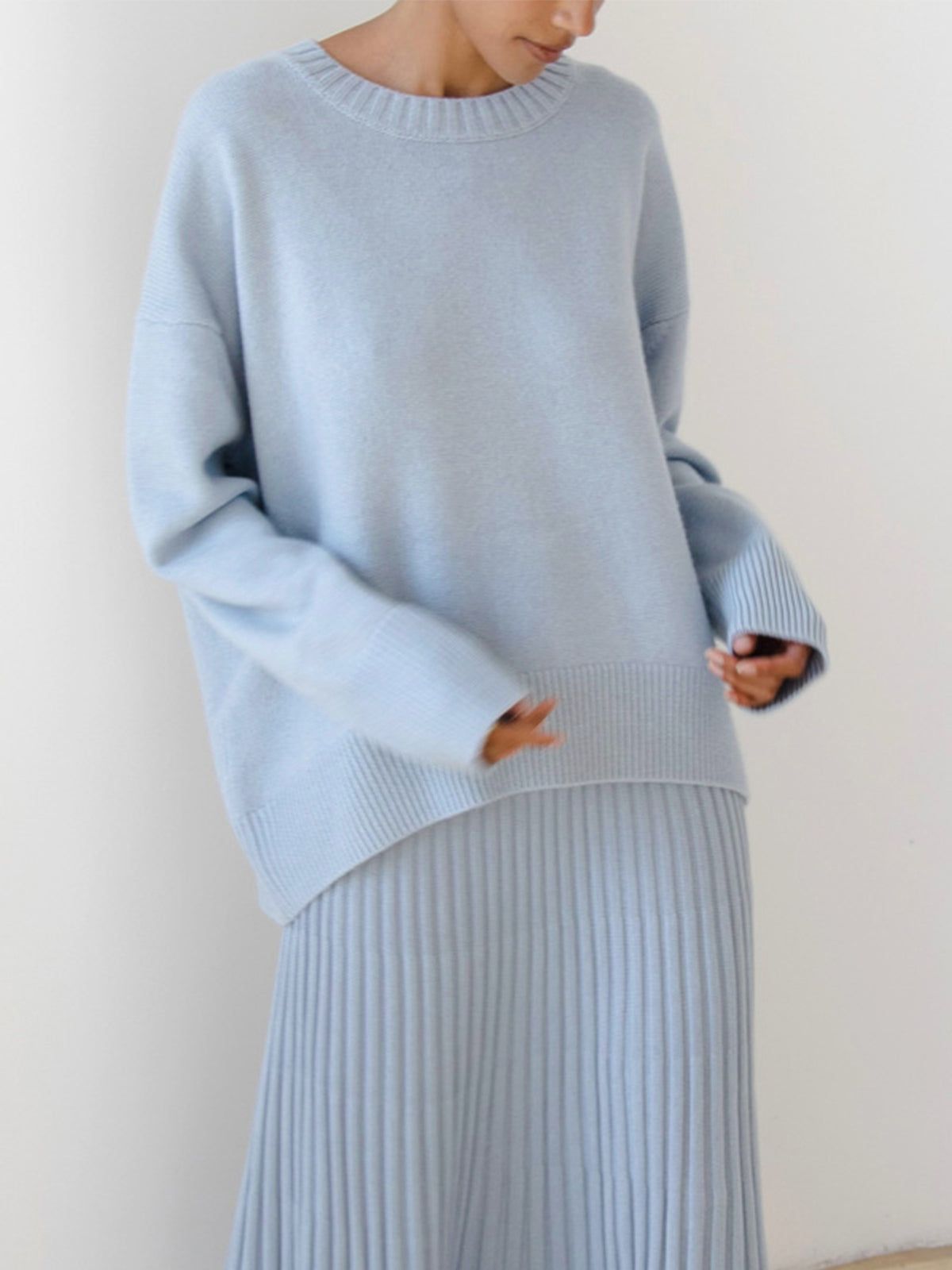 Cashmere Oversized Sweater, Sky Blue, Crew Neck, Ribbed Knit — Image 4
