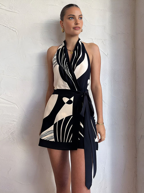 Abstract Print Halter Mini Dress, Black and White, Tie Waist — Main Image