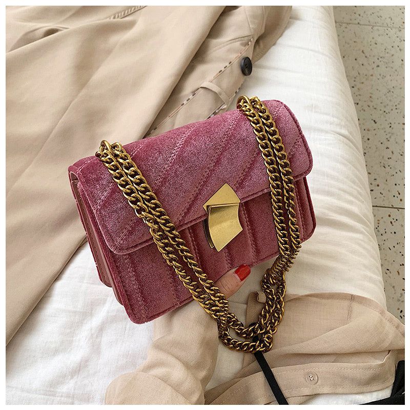 Quilted Velvet Chain Shoulder Bag with Gold Hardware. Crossbody Handbag for Women. — Image 4