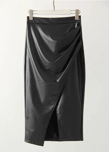 Draped Faux Leather Midi Skirt with Slit, Black, Beige, Brown. Elegant Women's Pencil Skirt. — Image 6