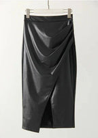 Draped Faux Leather Midi Skirt with Slit, Black, Beige, Brown. Elegant Women's Pencil Skirt. — Image 6