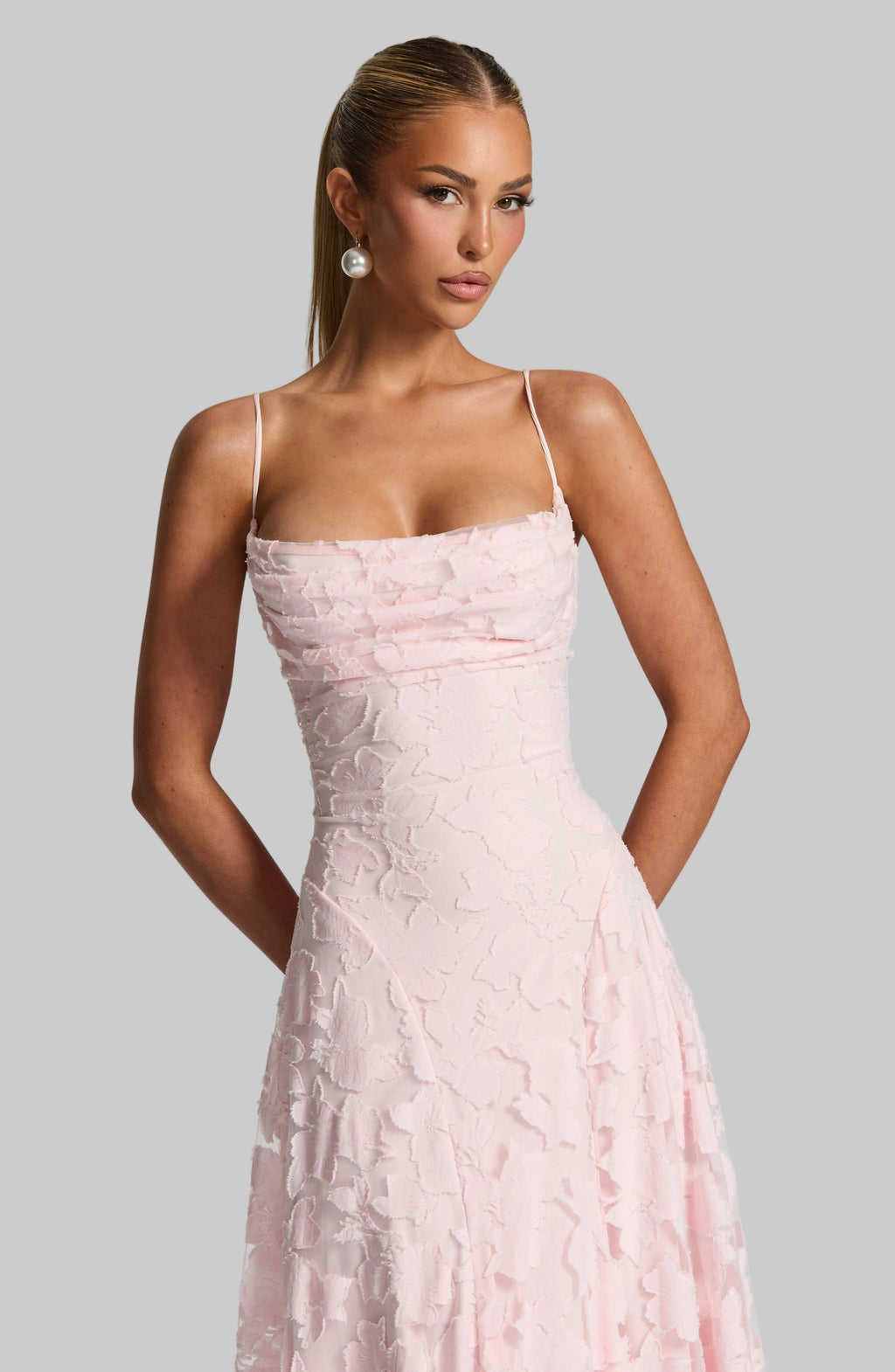 Floral Lace Maxi Dress with Lace-Up Back, Spaghetti Straps, Fitted Bodice. Available in Burgundy, White, and Pink. — Image 10