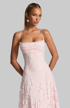 Floral Lace Maxi Dress with Lace-Up Back, Spaghetti Straps, Fitted Bodice. Available in Burgundy, White, and Pink. — Image 10