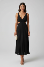 Pleated Midi Dress V-Neck Cutout Waist Sleeveless - Available in Yellow, Purple, Red, Black, Green — Image 5
