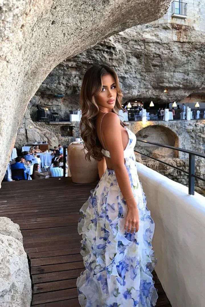 White and Blue Floral Ruffle Maxi Dress. Spaghetti Strap Summer Party Gown. — Image 2