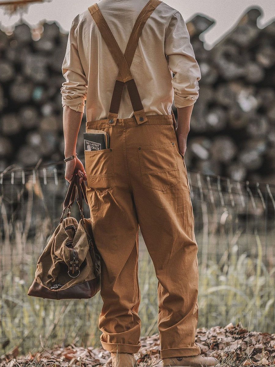 Men's Cotton Overalls Vintage Workwear Tan Olive Beige Adjustable Straps Pockets — Image 3