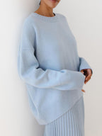 Cashmere Oversized Sweater, Sky Blue, Crew Neck, Ribbed Knit — Image 2