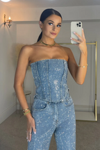Denim Corset and Jeans Set, Light Blue with Rhinestone Embellishments — Image 4