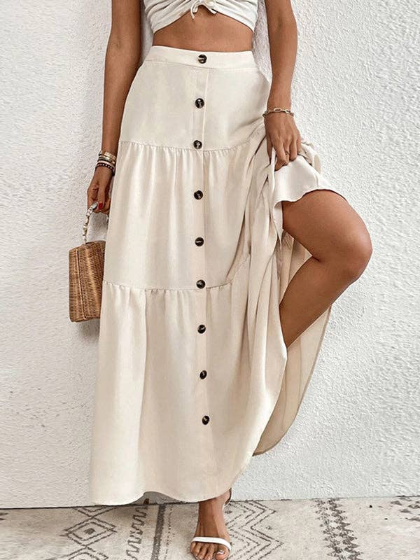Chic Beige Maxi Skirt Button-Front Flowy Tiered Design Women's Summer Fashion — Main Image