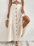 Chic Beige Maxi Skirt Button-Front Flowy Tiered Design Women's Summer Fashion — Main Image