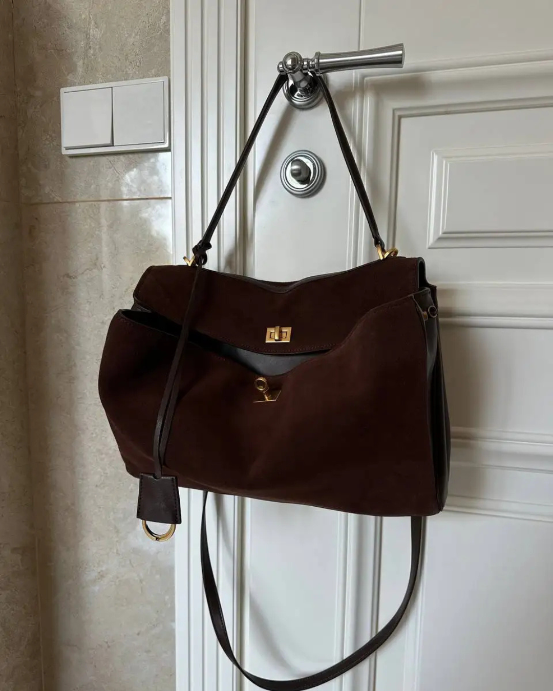 Suede Leather Top Handle Bag Brown - Women's Elegant Shoulder Bag — Image 5