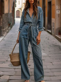 Women's Denim Jumpsuit Long Sleeve Belted Casual Romper Blue Cotton Blend — Main Image