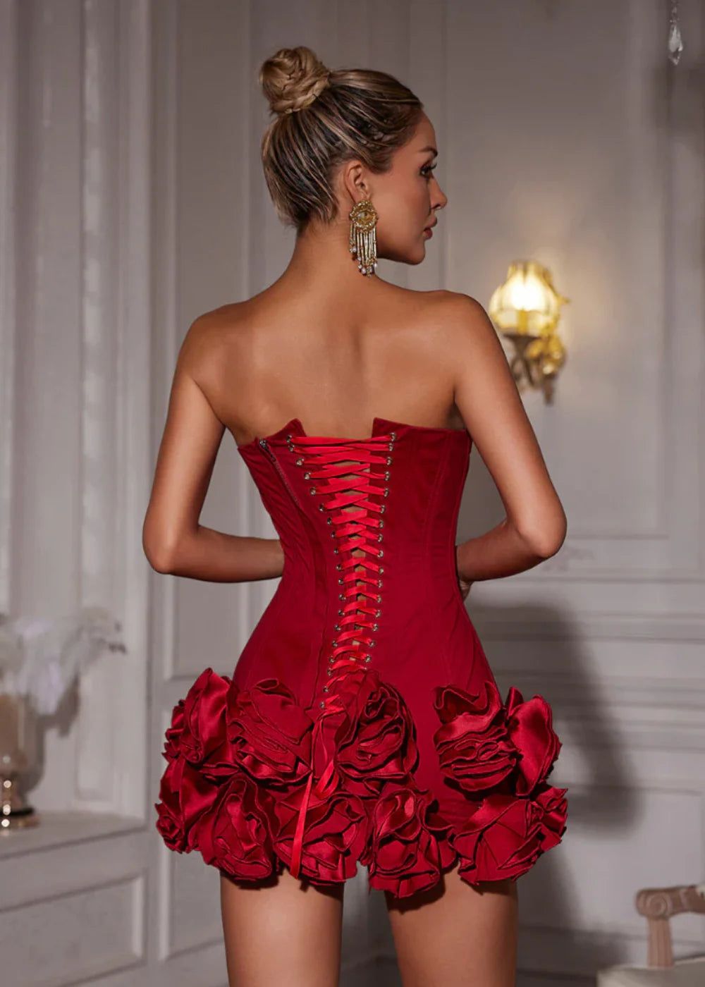 Red Strapless Corset Ruffle Mini Dress - Fitted Party Cocktail Dress — Image 7