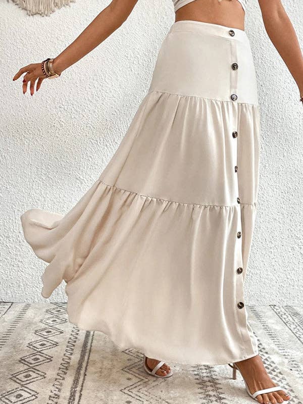 Chic Beige Maxi Skirt Button-Front Flowy Tiered Design Women's Summer Fashion — Image 5