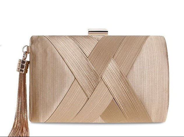 Satin Evening Clutch with Tassel Accent, Available in Gold, Green, Black, and Silver — Main Image